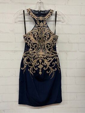 JVN Navy and Gold Embellished Halter Prom Dress
